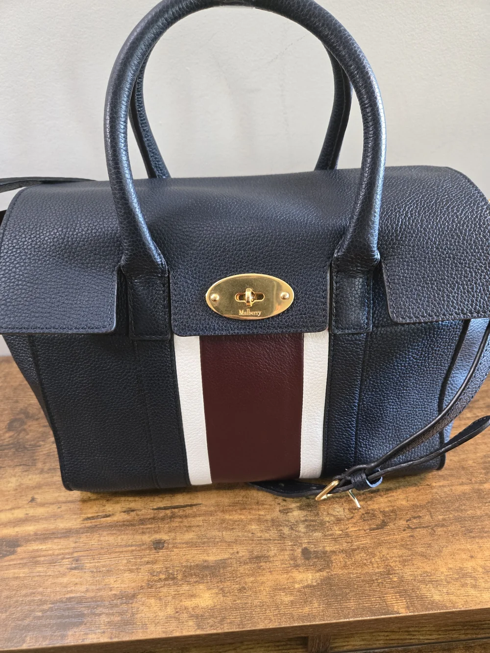 Mulberry Navy Leather Satchel with Burgundy and White Center Stripe